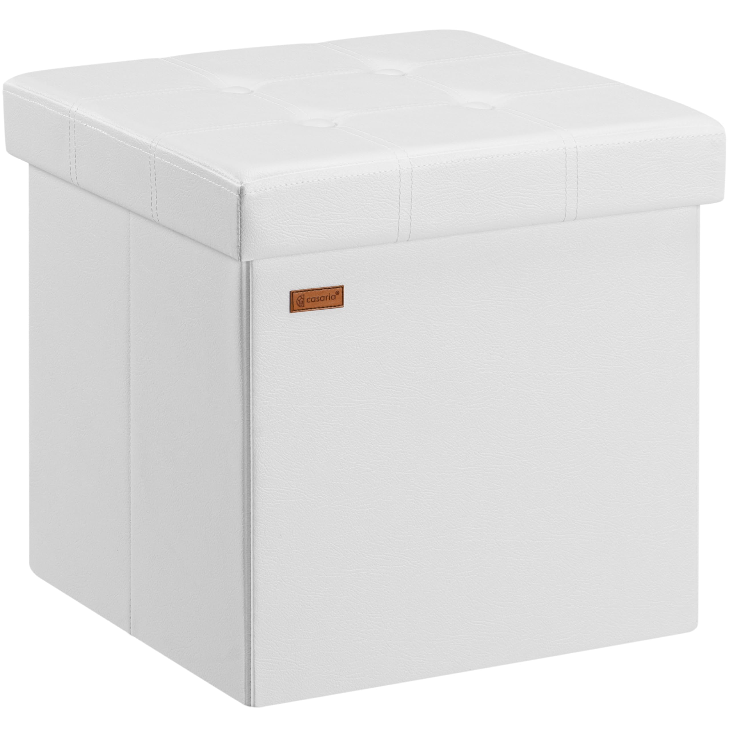 CASARIA® Puff Almacenaje Taburete Plegable 38x38x38cm Capacidad 40L Salón Dormitorio Acolchado Reposapiés Piel Sintética Blanco