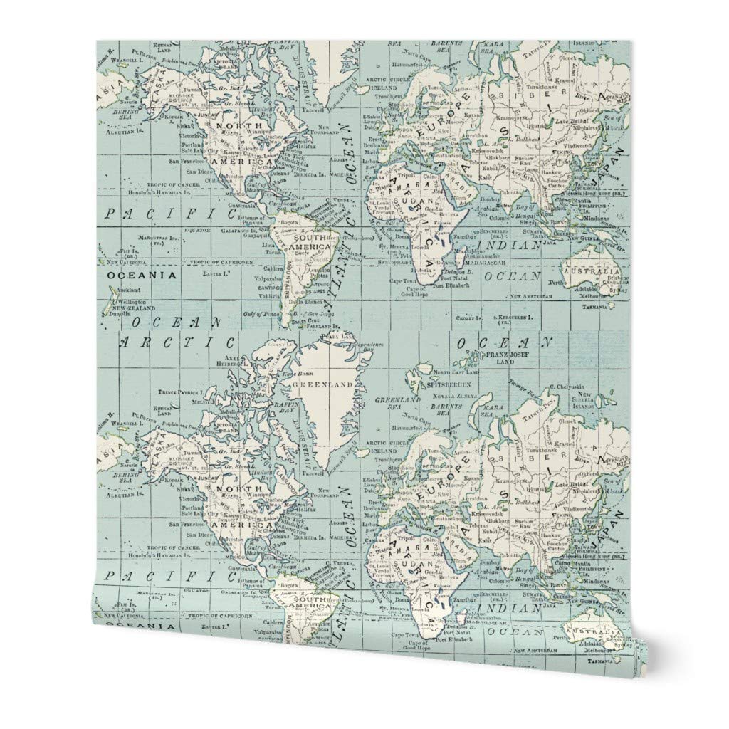 Peel & Stick Wallpaper 6ft x 2ft - Soft Blue Cream World Map Vintage Gray White Cheater Quilt Geography Travel Baby Boy Room Custom Removable Wallpaper by Spoonflower