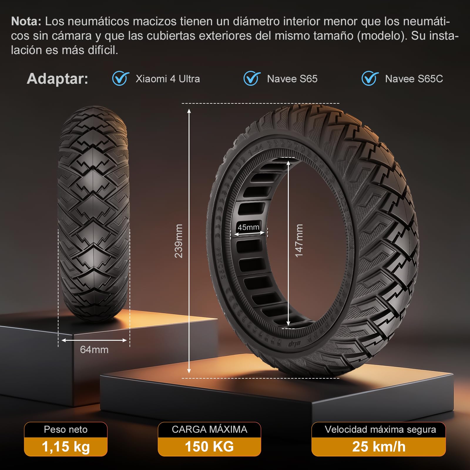 250 x 64 pneumatici completi per Xiaomi 4 Ultra, Navee S65, Navee S65C, scooter elettrico 250 x 64 fuoristrada, pneumatici solidi da 10 pollici, pneumatici in gomma piena, accessori di
