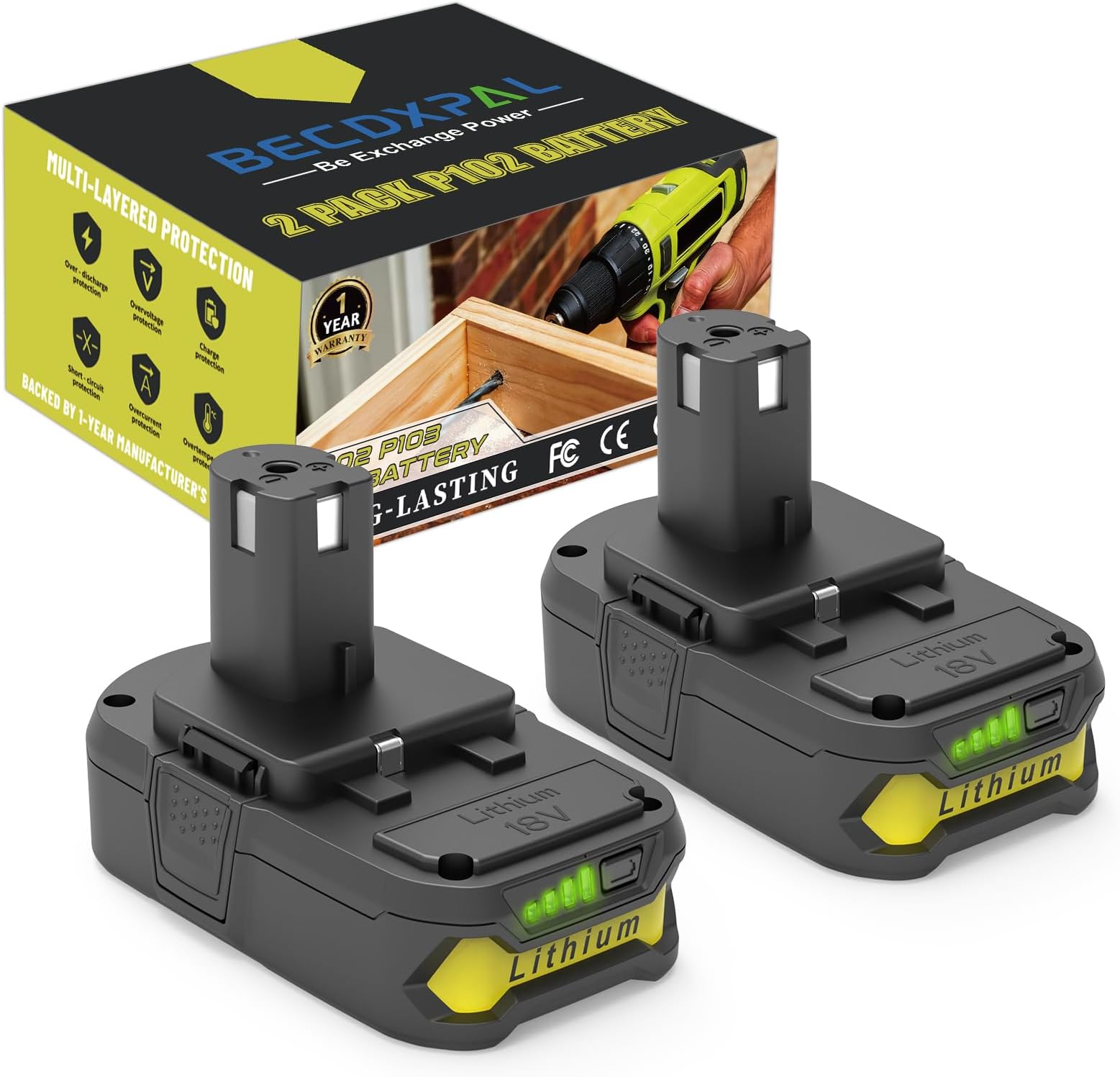 4.0Ah Replacement for Ryobi 18V Battery 2 Pack, Compatible with Ryobi 18Volt P102 P108 P103 P107 P109 ONE+ Cordless Tools