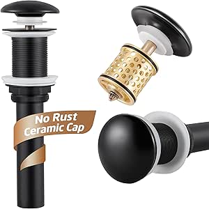 Ceramic Cap Bathroom Sink Drain No Overflow, KES Black Pop Up Drain Sink Drain Stopper with ...
