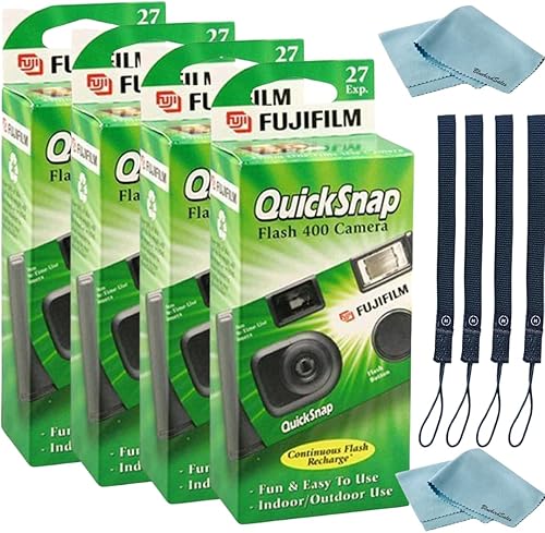 Cámara desechable Fujifilm QuickSnap Flash 400 de 35mm • Paquete de 4 • 4 correas para la mano • 2 paños de microfibra BluebirdSales, verde, 7033661