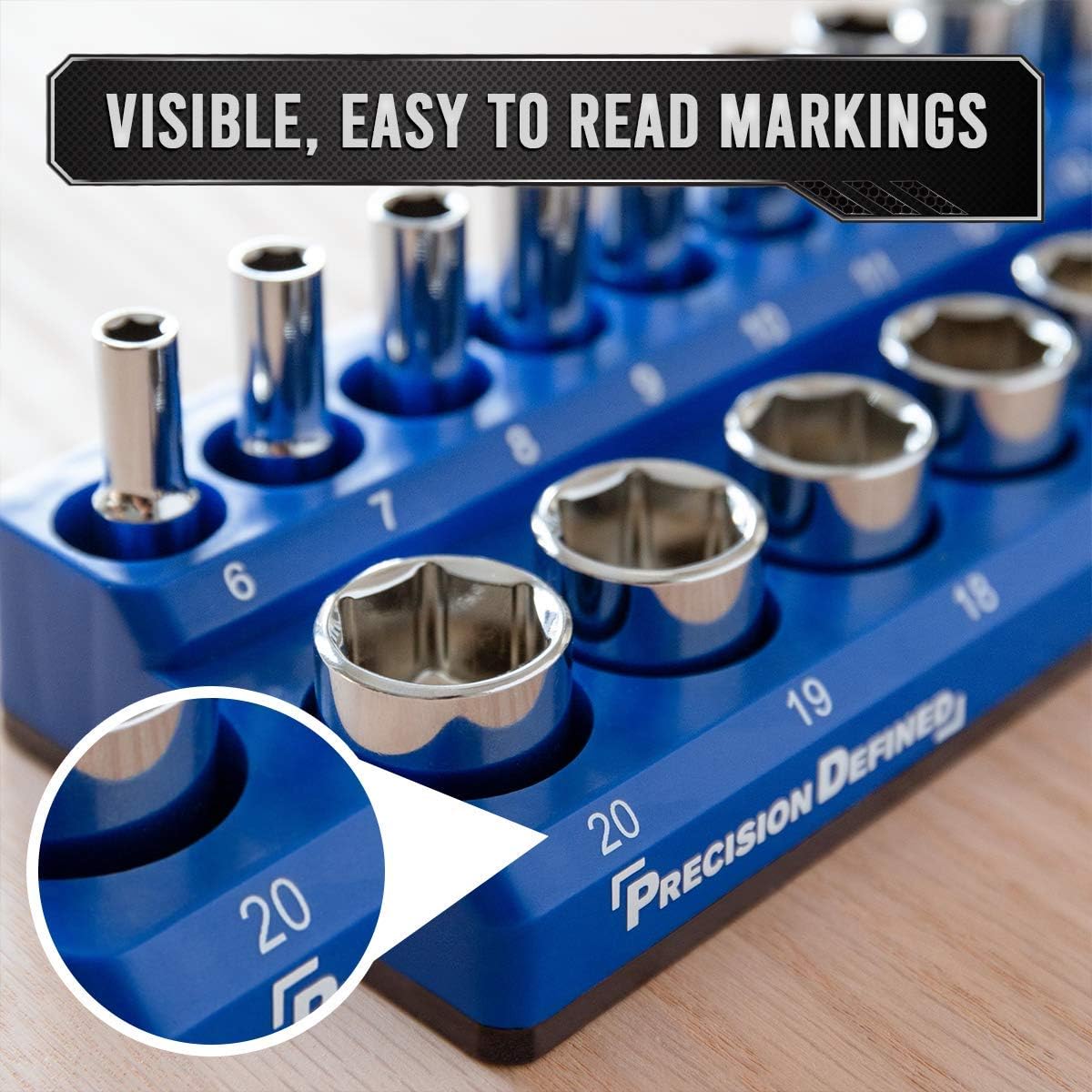 Precision Defined Magnetic Tool Socket Organizer Holder, METRIC, 19 Sockets (1/2-Inch Drive (Metric), Blue)