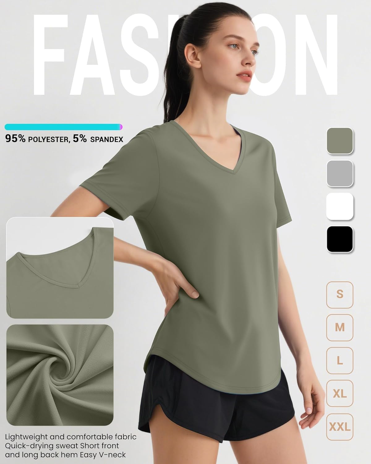 4 Pack Women's Short Sleeve Workout T Shirt Side Slits Curved Hem V Neck Breathable Exercise Tops Quick Dry UV Tee