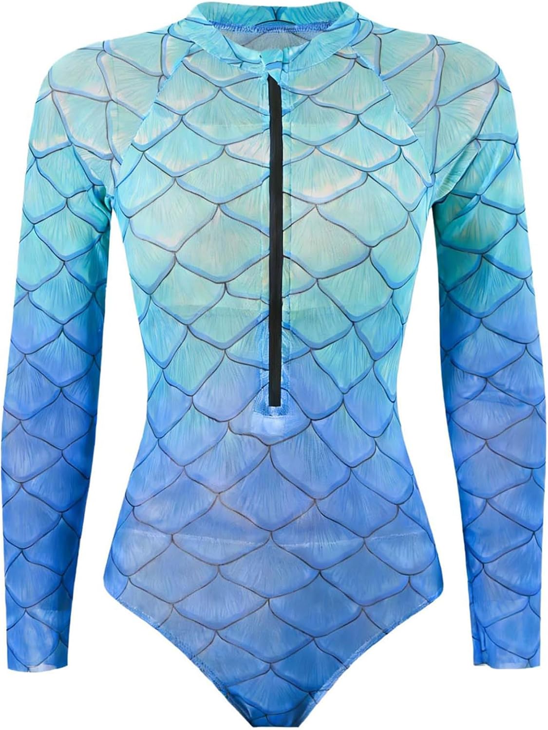 Women Mermaid Bathing Suit 2 Pieces Half Zip-Up Fish Scales Printing Leotard and Pants Swimwear Set
