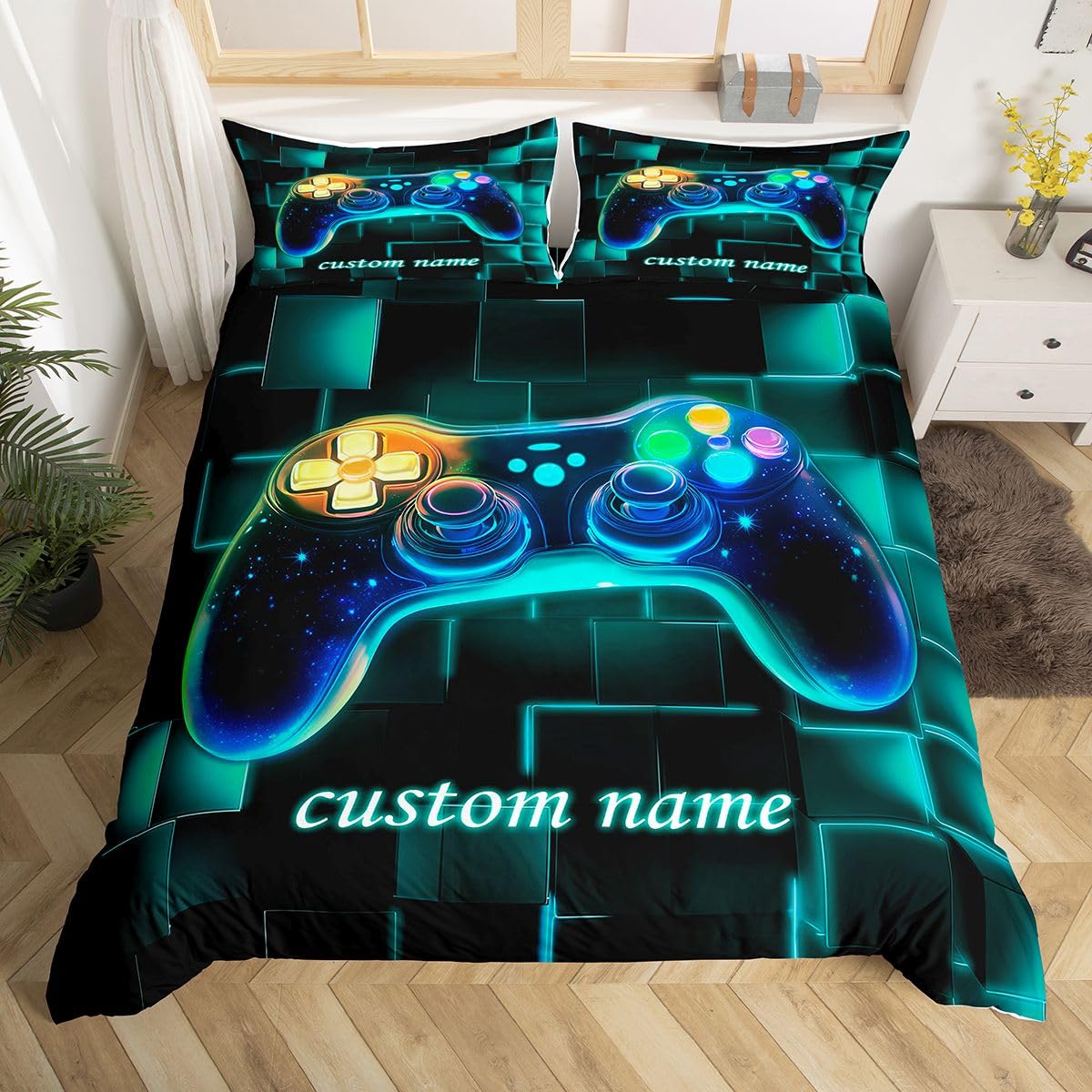Homewish Juego de funda de edredón personalizada con diseño de consola de videojuegos para niños y jóvenes, juego de ropa de cama azul con nombre personalizado, funda de edredón con estampado de