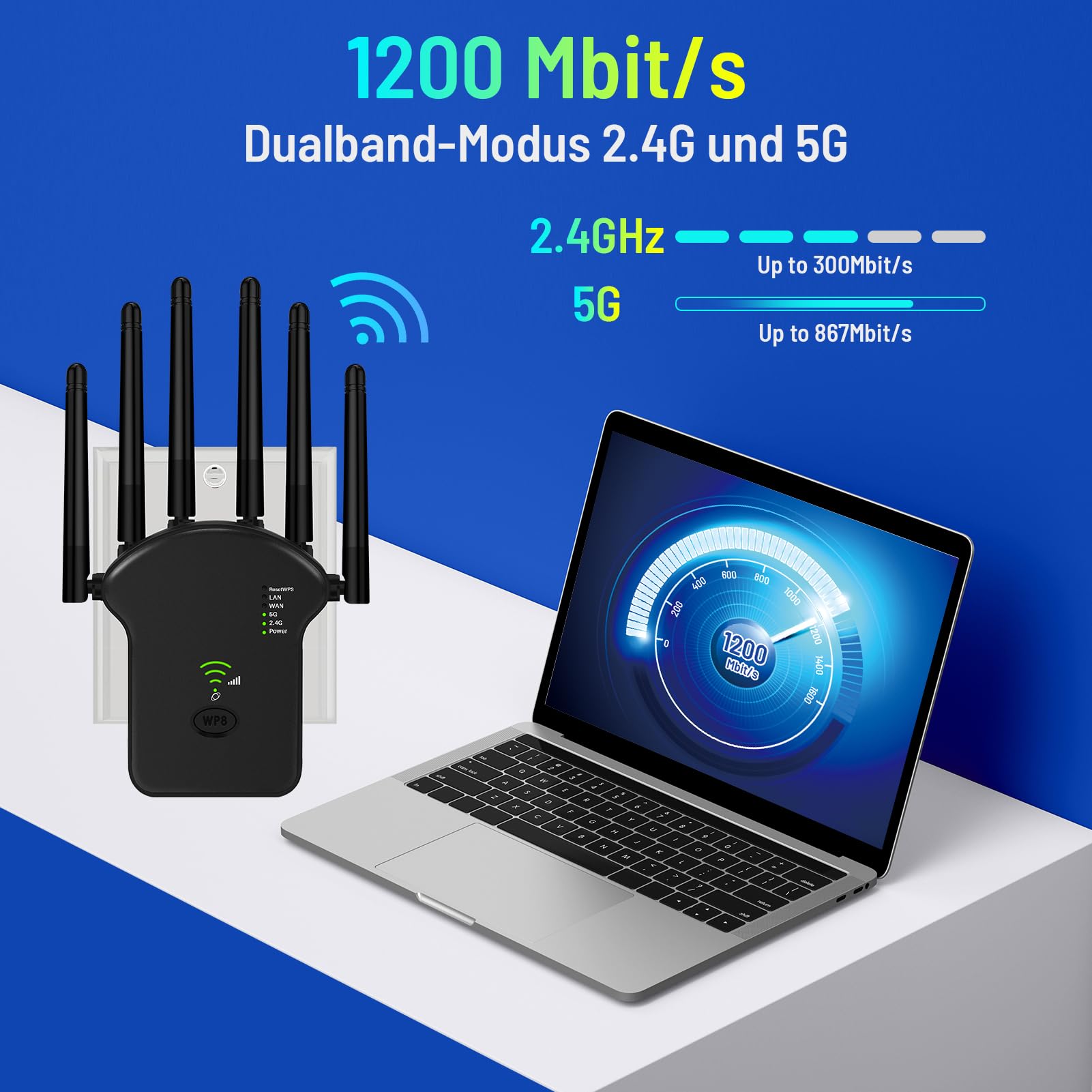 Repetidor WLAN de 1200 Mbit/s, doble banda, WiFi Booster con repetidor/enrutador/modo de punto de acceso, 4 antenas, fácil configuración, extensor de alcance WiFi con puerto LAN/WAN