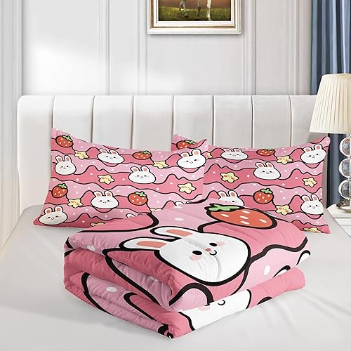 Miniatura 4 de QOOMO Edredón Kawaii de conejo, juego de edredón de conejo fresa para niños y niñas, juego de ropa de cama de 3 piezas impreso con 2 fundas de
