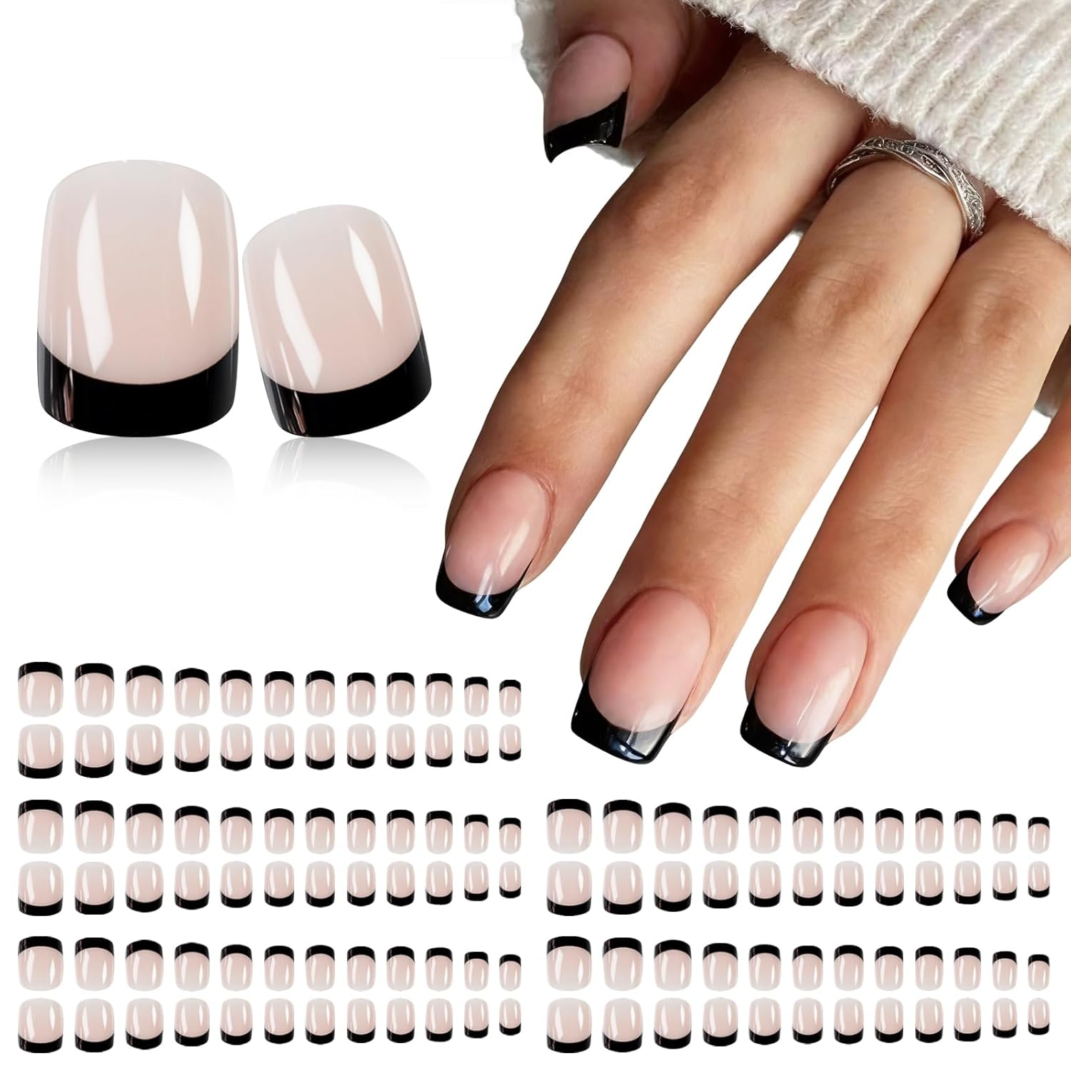 Black French Tip Press on Nails - Glossy Natural Fake Nails
