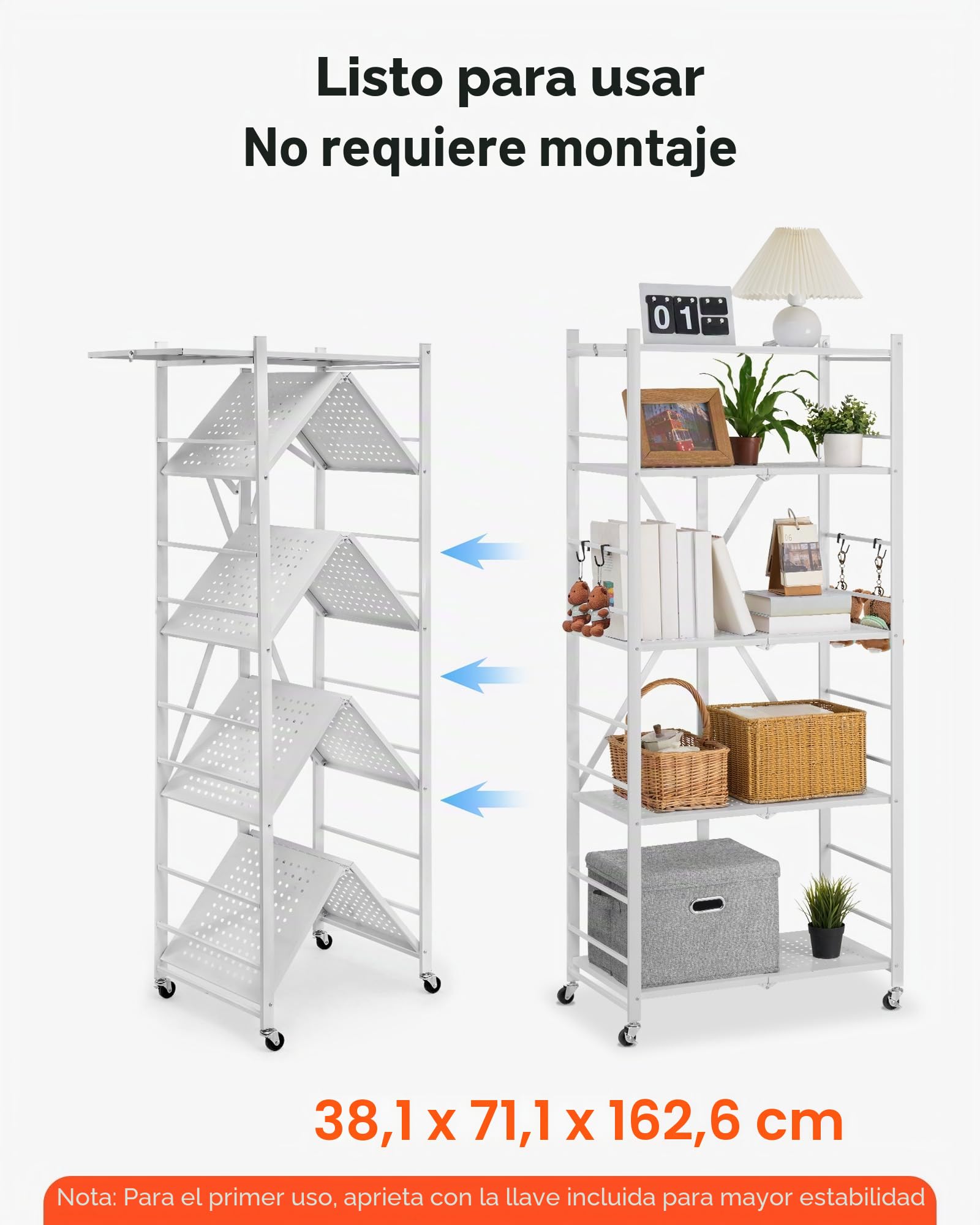 VEVOR Estante de Almacenamiento Plegable de 5 Niveles con Ruedas 71 x 38 x 163 cm Estantería Metálica Móvil Resistente, sin Necesidad de Ensamblaje, Organizador para Garaje, Cocina, Sótano, Blanco