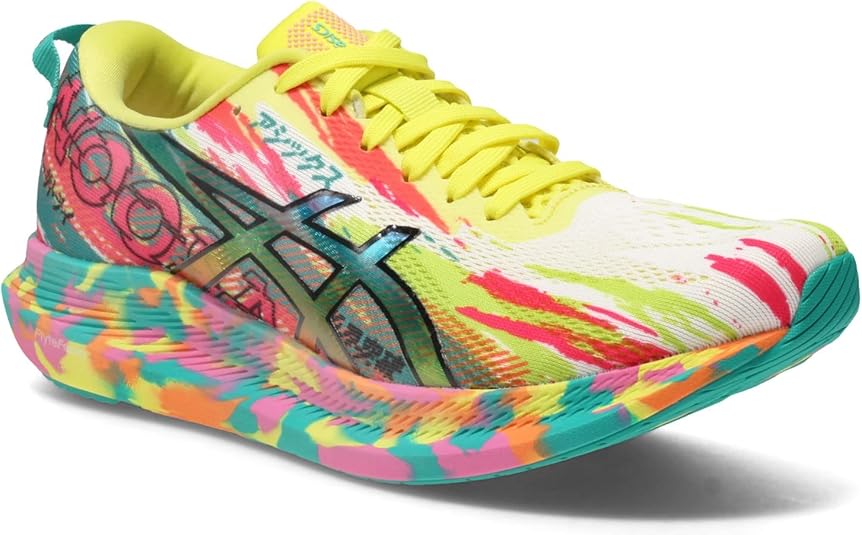 multi coloured asics trainers