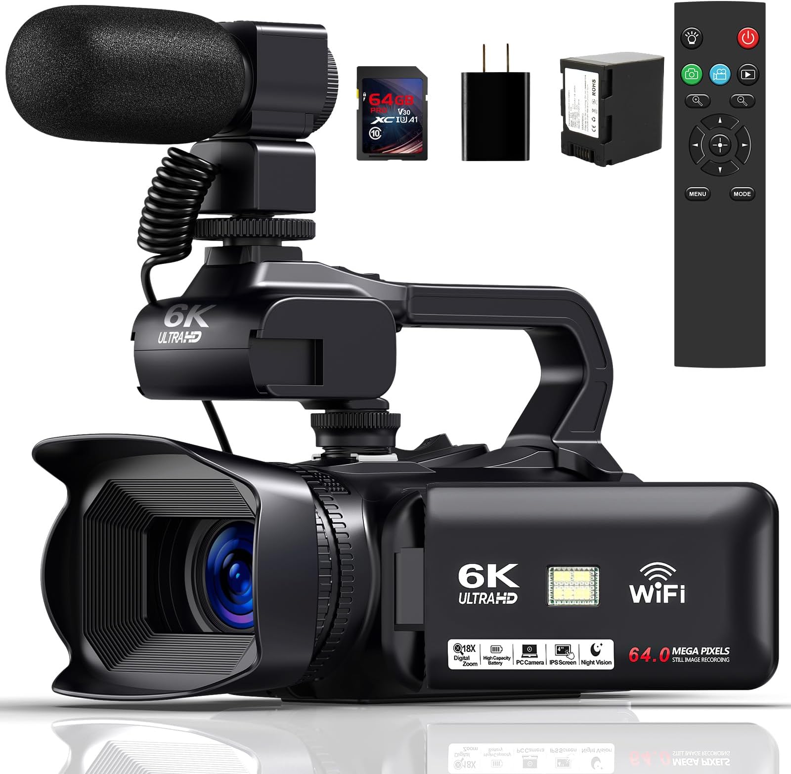 6K Camcorder Video Camera 64MP IR Night Vision Vlogging Camera for YouTube 18X Digital Zoom 4.0 Inch Touch Screen Video Camcorder with WiFi, Microphone, Stabilizer, Remote Control, 64GB SD Card