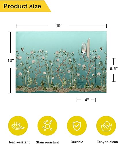 Miniatura 6 de Juego de 2 manteles individuales de mesa de flores degradadas verde azulado para mesa de comedor, manteles individuales de lino de algodón con