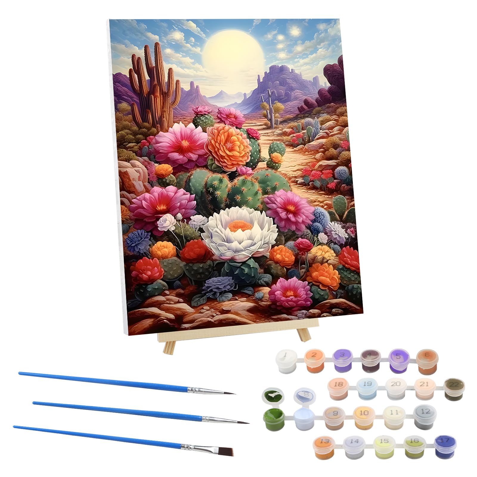 EOBROMD Cactus Paint by Numbers for Adults on Framed Canvas, Flowers Paint by Numbers Kits with Wood Easel, Gobi Landscape Oil Acrylic Craft Art Painting Kits for Home Wall Decor 12x16 in