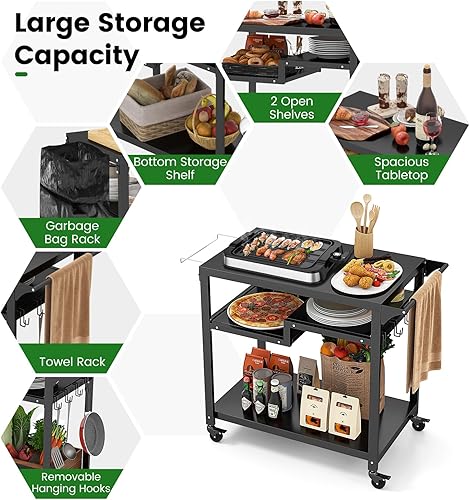 Miniatura 6 de HAPPYGRILL Carrito de parrilla al aire libre, soporte para horno de pizza con ruedas bloqueables, mesas de parrilla para exteriores con soporte para