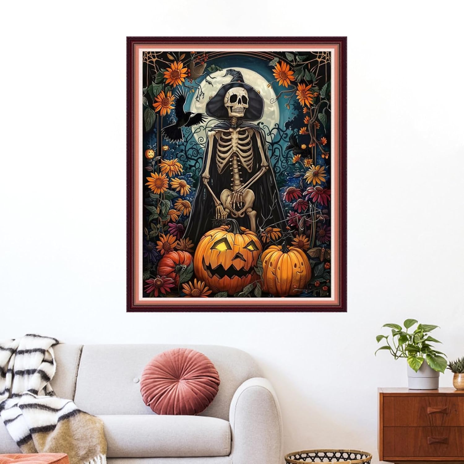 Funxvoot Stamped Cross Stitch Kits for Beginners or Adults Embroidery Starter Patterns | DIY Printed Cross Stitch Kits Needlepoint for Adults 11CT-Skeleton Moon 16x20 inch