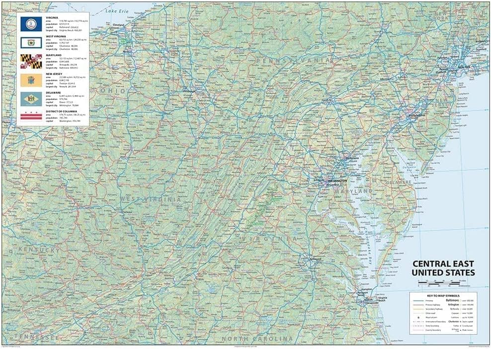 Central East United States Physical Wall Map - 24 x 17 inches – Paper Laminated