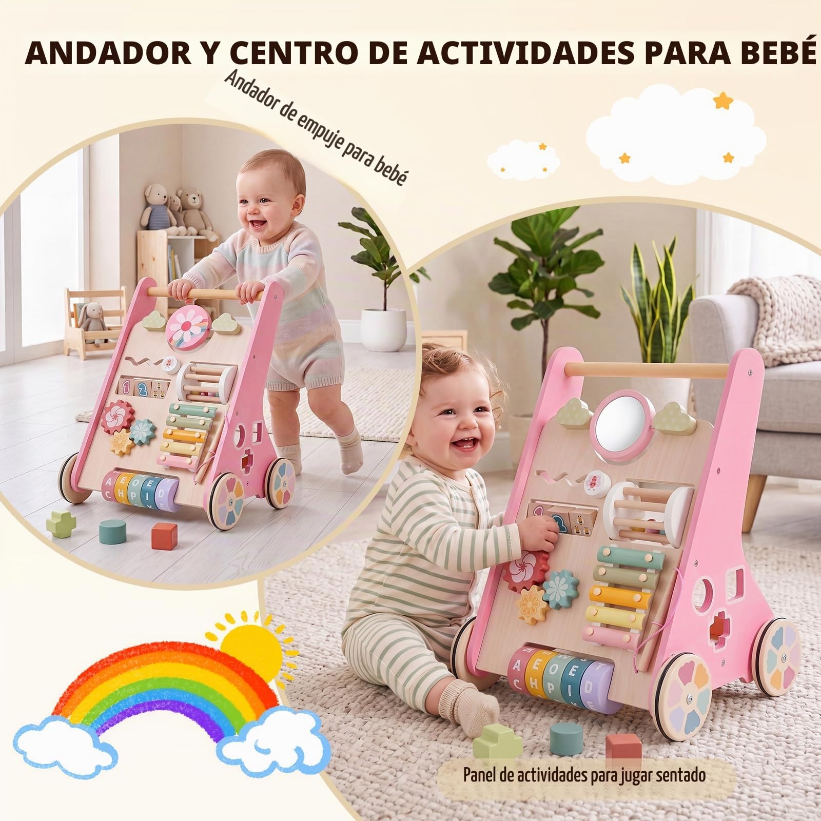 Andador Bebes Montessori,Caminador Bebe de Madera,Juguetes Bebe 1 Año,Rosa