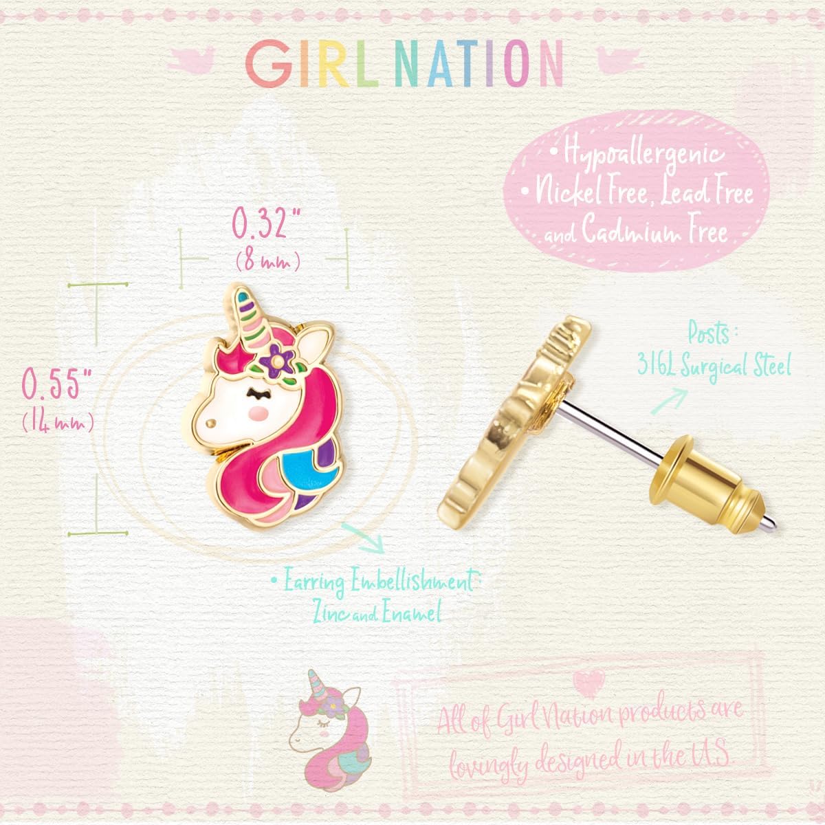 GIRL NATION Cutie Enamel Stud Earrings for Girls Ages 5 and Up, Hypoallergenic Earrings in Unicorn Dreams Design