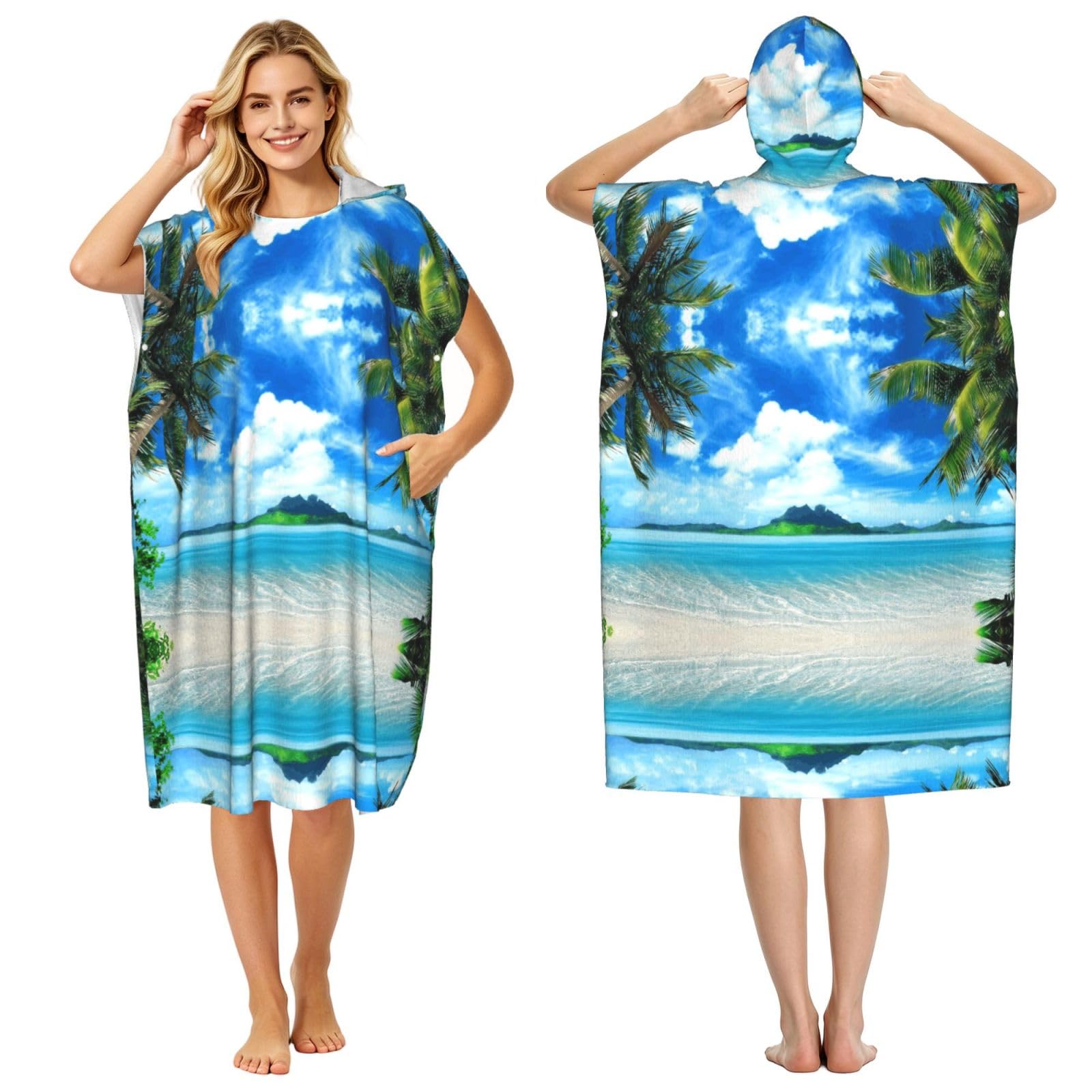 EZDLOWVBA Beach Palm Tree Print Hooded Poncho Microfiber Beach Towel,Adult Women & Men Changing Robe,Lightweight Summer Surf Swim Bath Poncho Towel