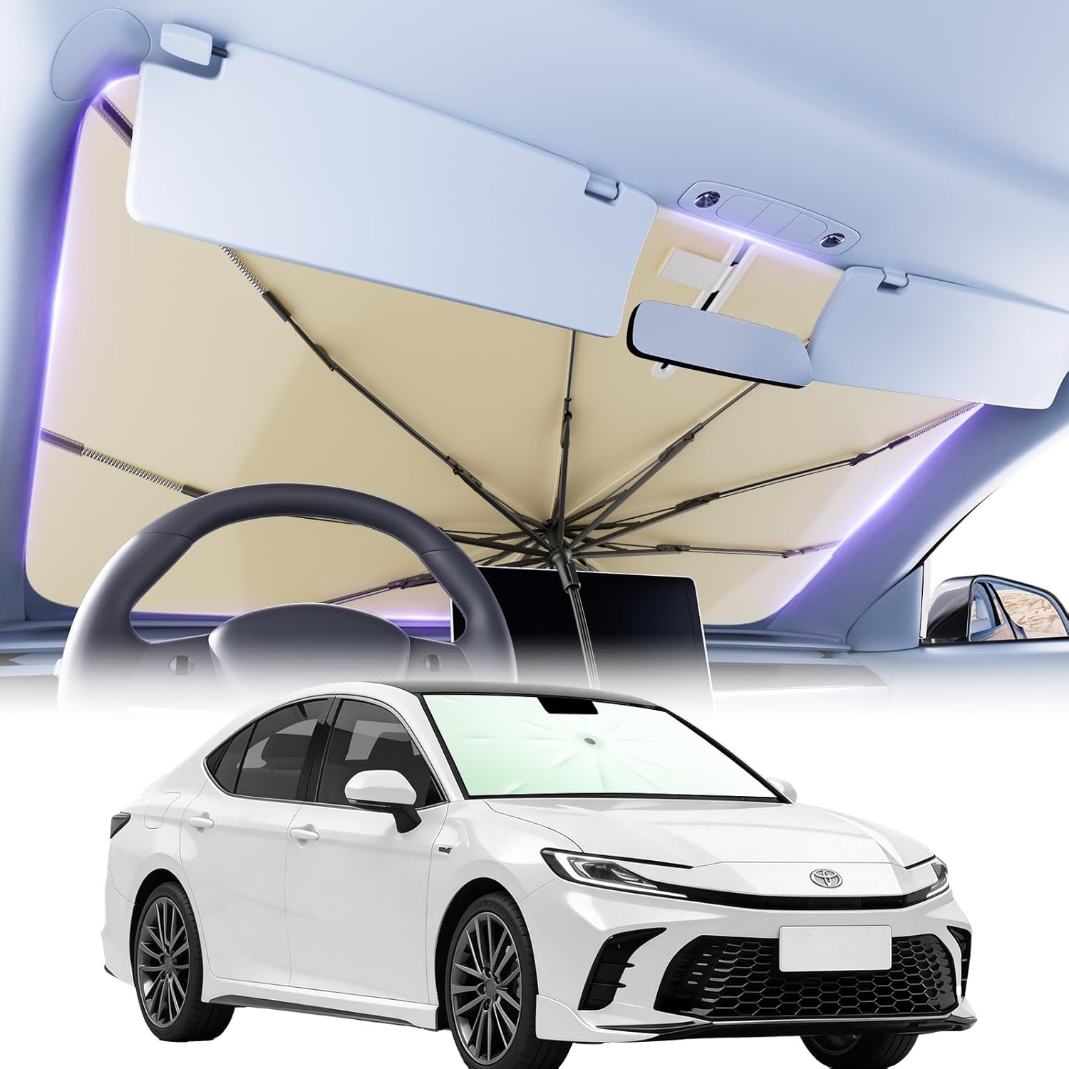 Windshield Sun Shade Umbrella for Car, Ring Handle No Long Shaft Protects Screens & Dashboard, Elastic Edge Fit, Green & White Design (Medium 63"*32.3")