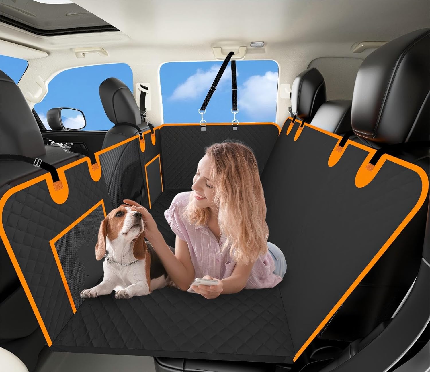 Back Seat Extender for Dogs, Dog Car Seat Cover for Back Seat with Waterproof Hard Bottom for Car SUV, Dog Hammock Travel Bed to Protect Your Car Backseat (for Truck/Large SUV-Black)