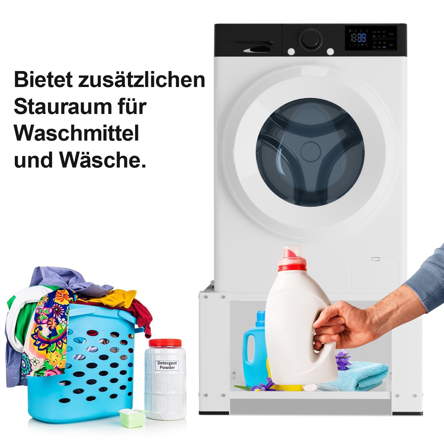 Waschmaschinensockel 60×60×40 cm, bis 150 kg tragfähig, Sockel für Waschmaschine & Wäschetrockner, mit Einlegeboden & Gummipolster, weiß