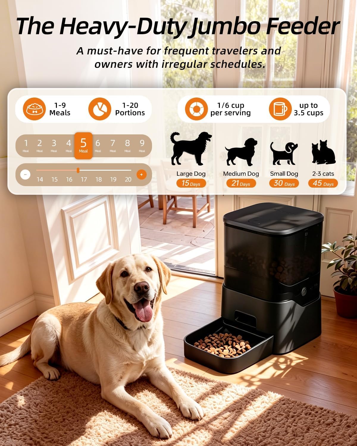 Dogness Comedero automático de 11 litros, para perros grandes, con temporizador de hasta 6 comidas al día, dispensador de comida para perros con temporizador, batería de 5000 mAh