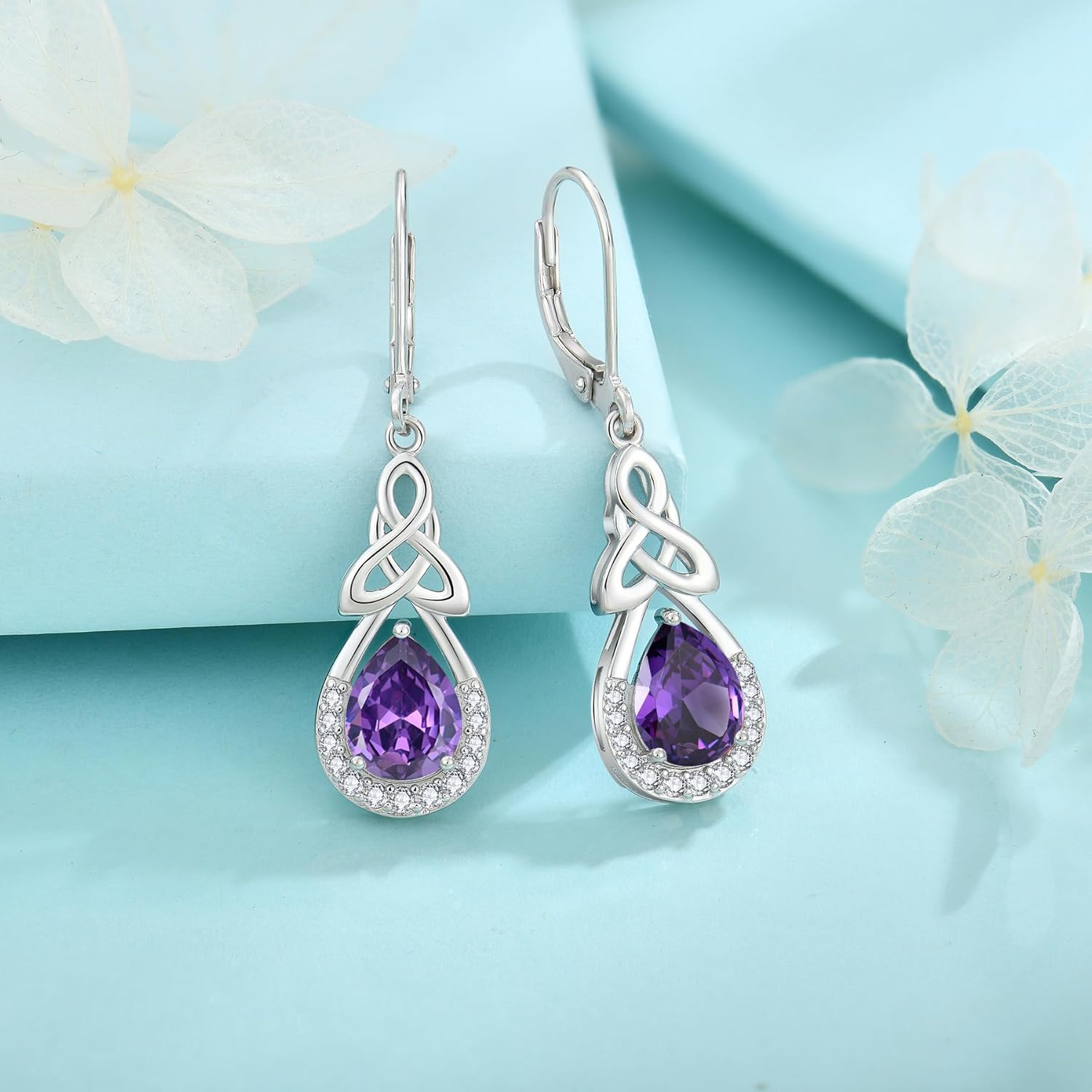 FJ Celtic Knot Dangle Drop Earrings 925 Sterling Silver Infinity Teardrop Leverback Earrings Birthstone Jewelry for Women - Image 4