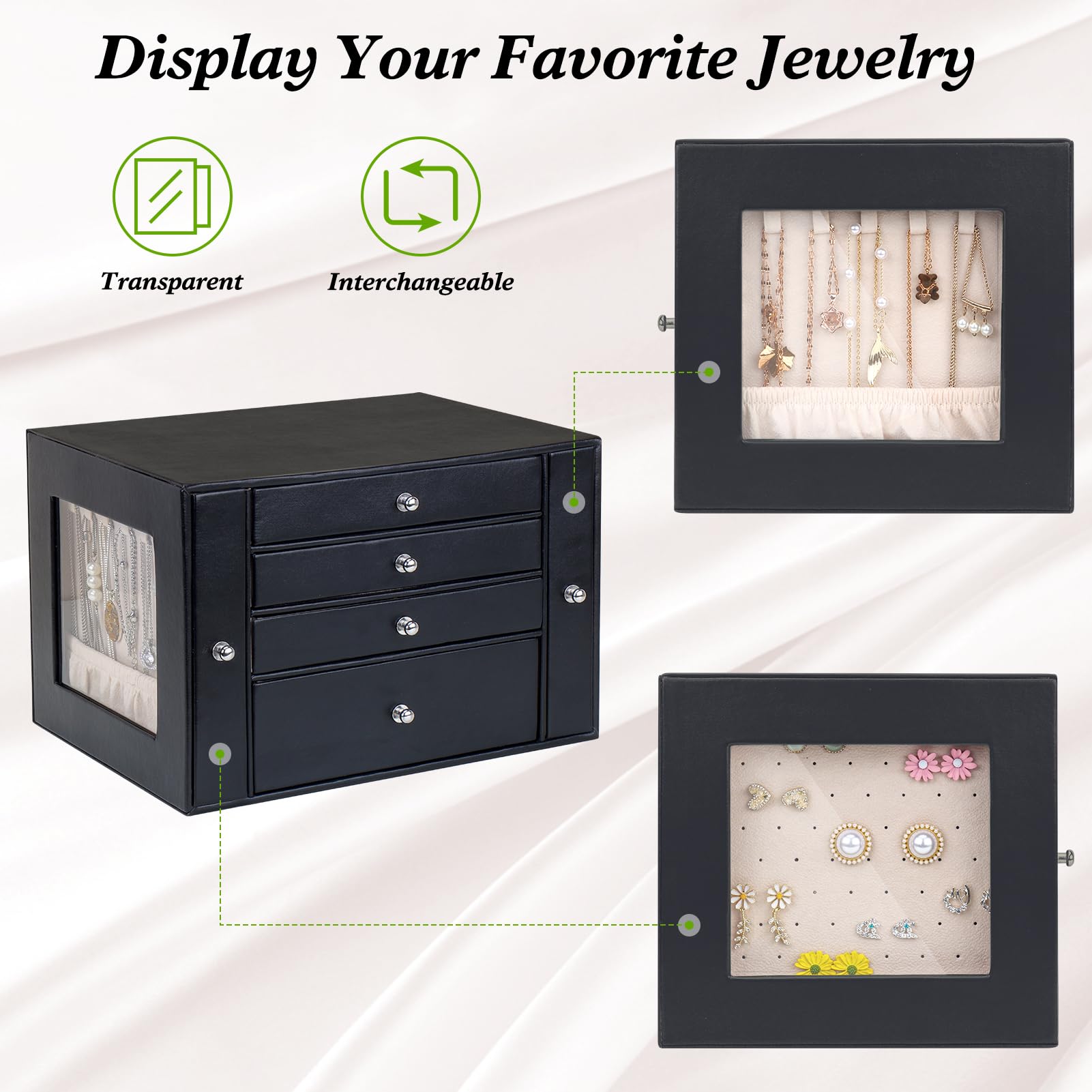 Boîte à Bijoux 5 Niveaux Casiwaft - Organisateur Avec Miroir Et Tiroirs - Vert Avocat - PU