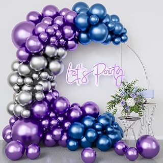 Flyloons 100 pcs Blue Silver Purple Metallic Chrome Balloons for Birthday Decoration items celebration Anniversary Girls Boys Men Women