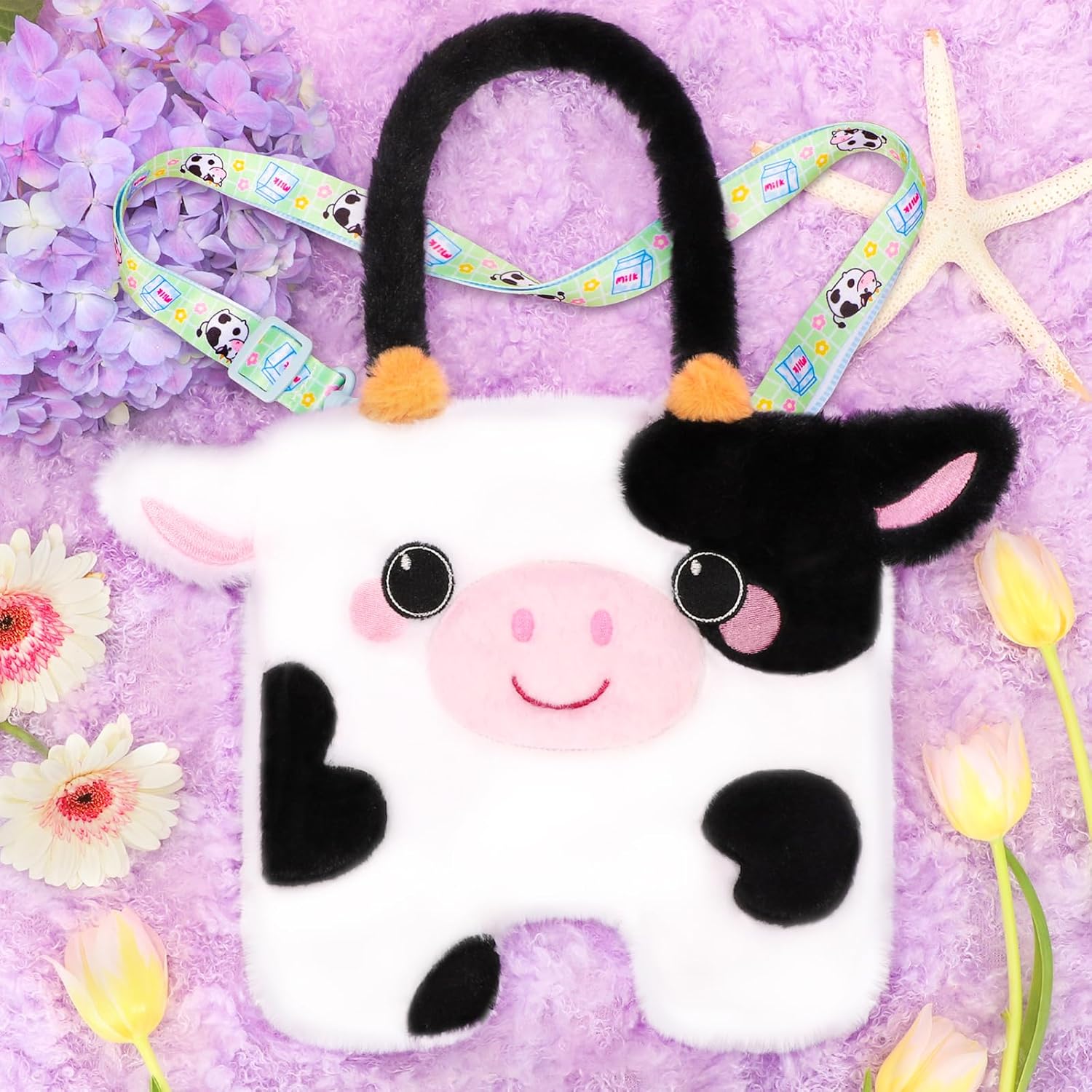 Cow Plush Bag Crossbody Bag for Kids, Plush Handbag Tote Bag with Adjustable Strap,Soft Plush Cow Stuffed Purse with Zipper,Coin Pouch Accessories for Toddlers Kids - Image 3