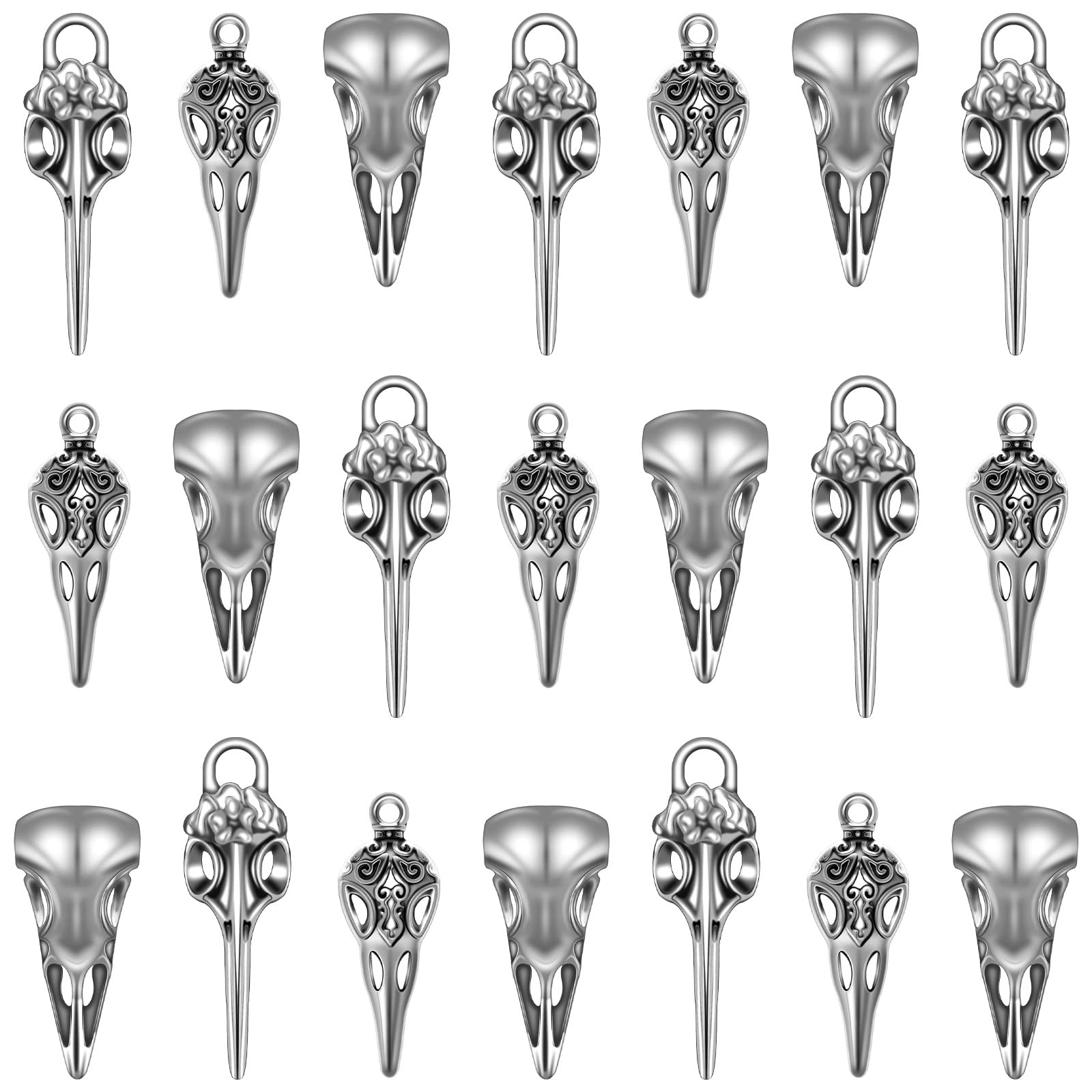 40Pcs 3 Styles Tibetan Silver Alloy Raven Skull Charm Eagle Crow Beak Bird Head Skeleton Charms Pendant for Diy Halloween Witch Pagan Necklace Earring Jewelry Making