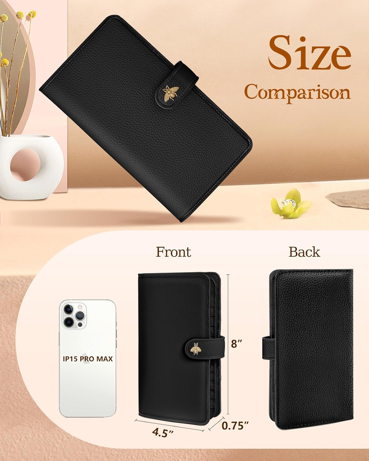 Bistup 【46 Slots Credit Card Holder for Women Ladies Female Teen Girls Rfid Genuine Leather Cardholder Large Capacity Size Big Billfold Wallets Black Bee Cute Girly Aesthetic Print Unique - Image 2
