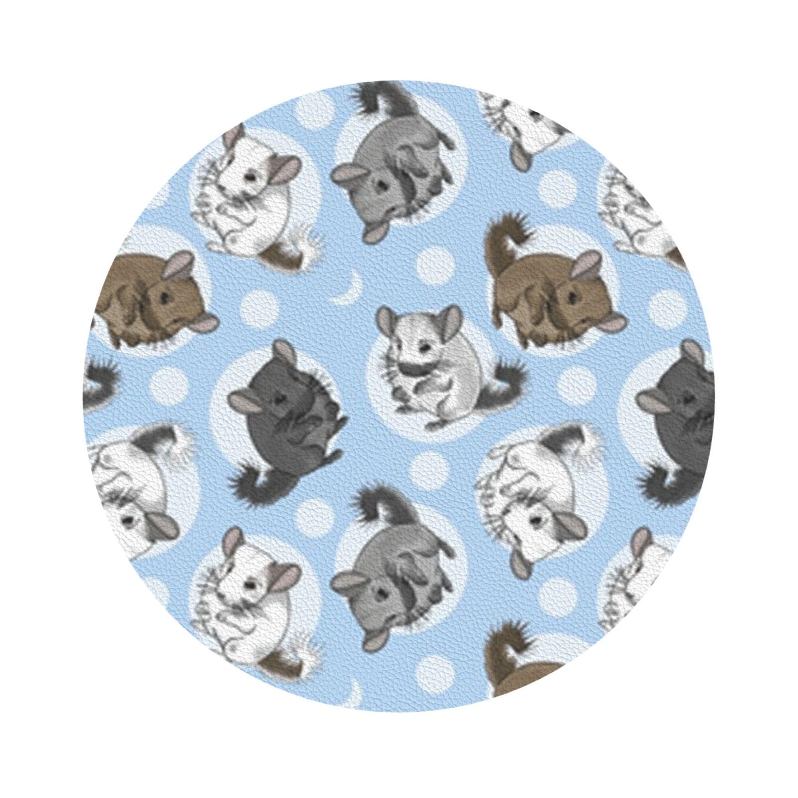 Blue Chinchillas And Moon PU Leather Coasters Set of 6 Round Drink Coasters