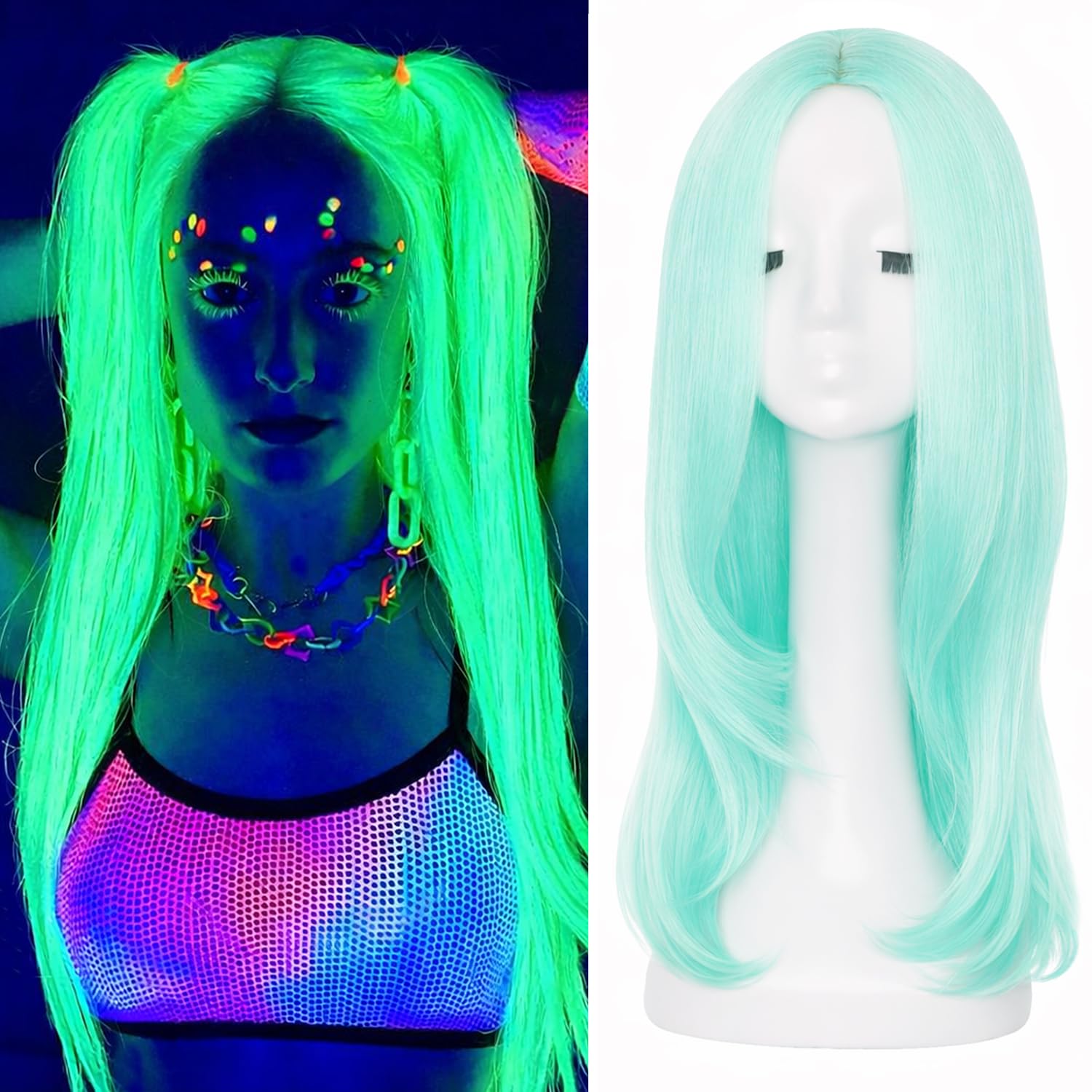 24 Inch Glowing in the Dark Straight Hair Wig Light Purple Color Small Lace Middle Part Long Synthetic Adult Costume Wig for Women