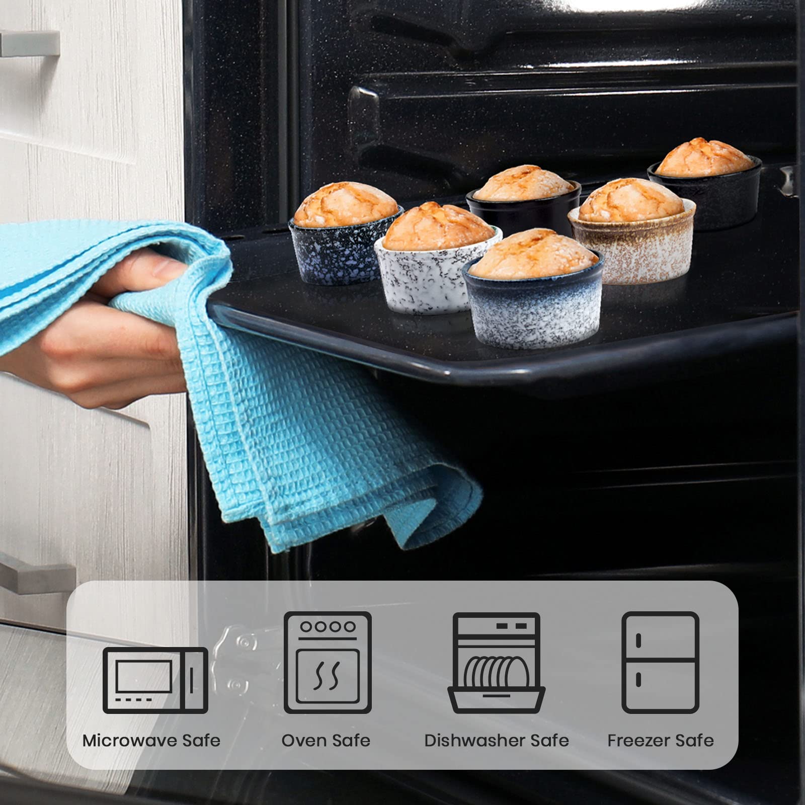 PARMEDU Juego de 6 Ramekin de Cerámica Mini Tazones de Porcelana Estilo Zen 100ml, Ramekins/Tazas Soufflé para Pudines, Brûlées, Soufflés, Helados, Salsas, Snacks, etc., Apto para Horno, Modelo BK002