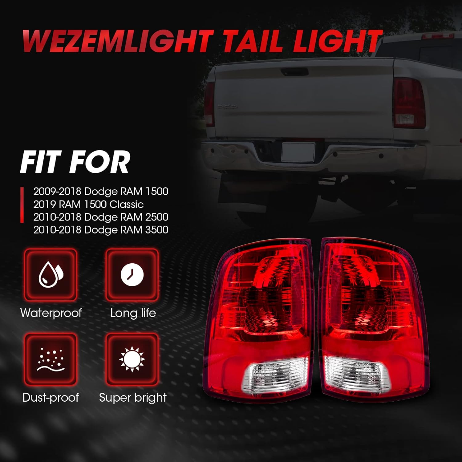 WEZEMLIGH Tail Lights For 2009-2018 Ram 1500 2019 Ram 1500 Classic 2010-2018 Ram 2500 2010-2018 Ram 3500 Brake Lamps With Bulb Inside