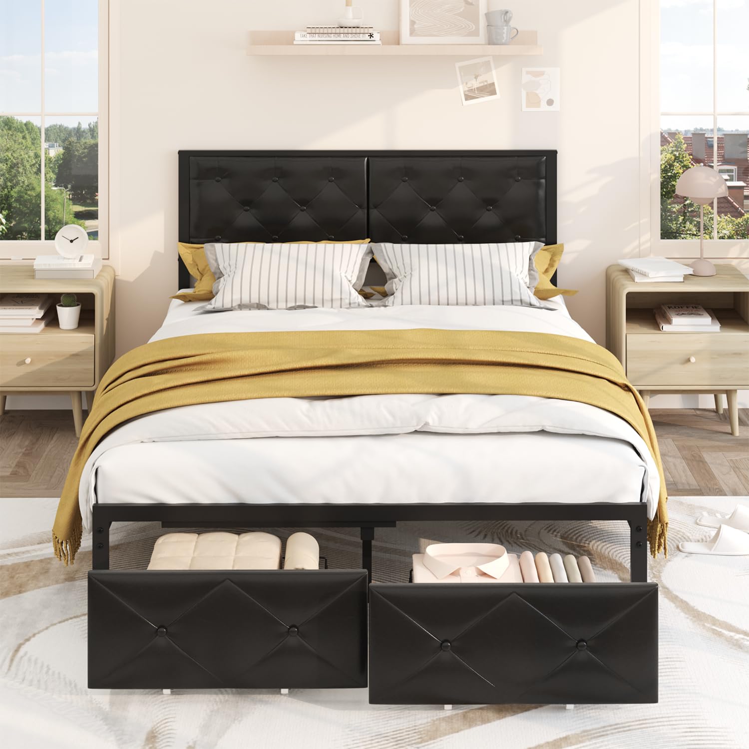 Vendricasa Double Bed Frame, 140x 200 cm, Metal Bed Frame with Charging Station (1 AC Socket, 1 USB‑A, 1 Type‑C Port) and Upholstered Headboard, Wheeled Basket, Easy Assembly