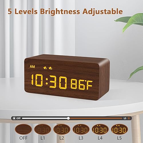 Miniatura 2 de MOSITO - Reloj despertador digital de madera con función de carga inalámbrica, luz atenuable de 0 a 100, opción de dos alarmas a horas distintas