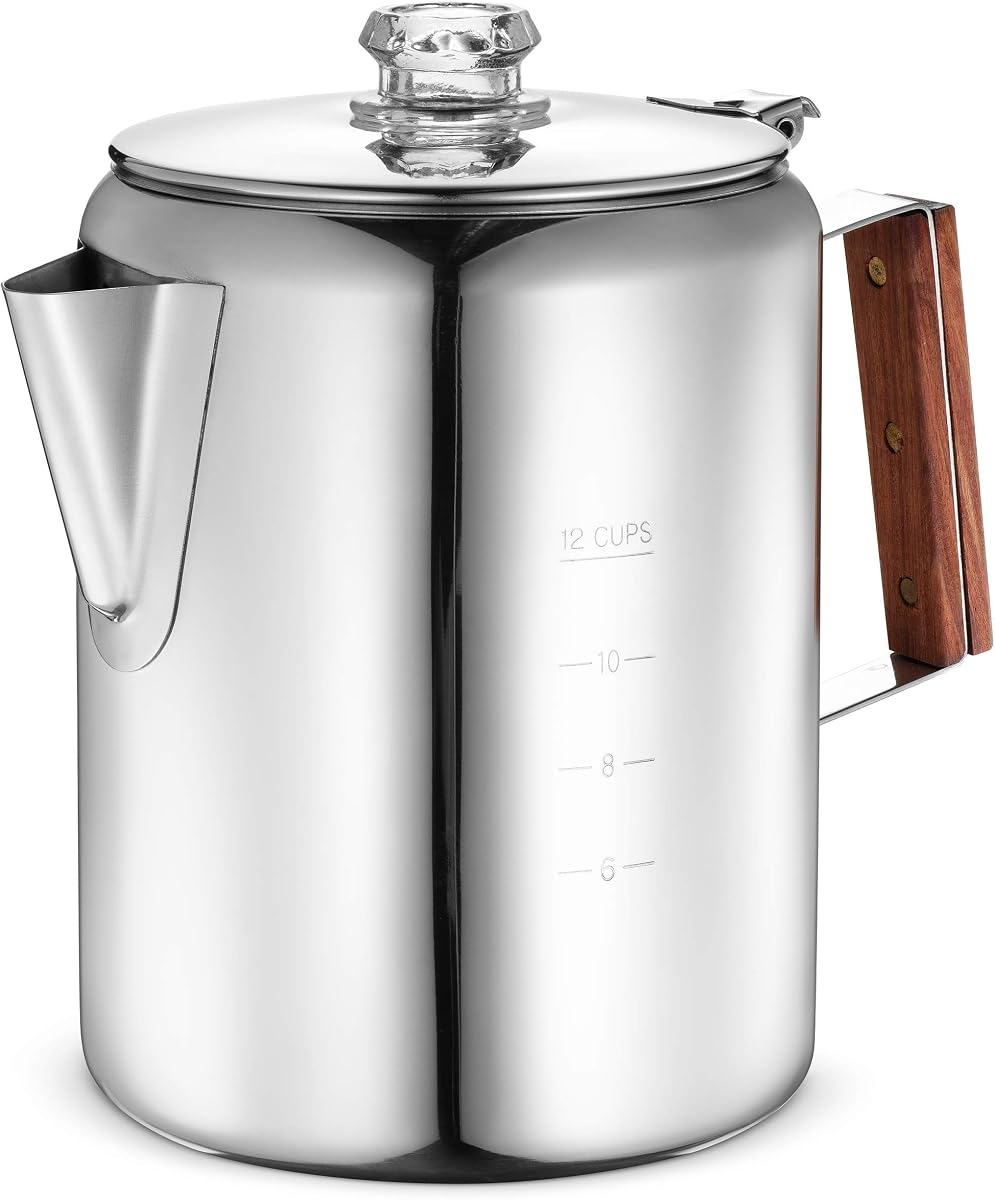 Cafetera Percoladora - 12 Tazas | Material de acero inoxidable duradero | Prepare café al fuego, a la parrilla o en la estufa | Sin electricidad, sin mal sabor a plástico | Ideal para el hogar, camping y viajes.