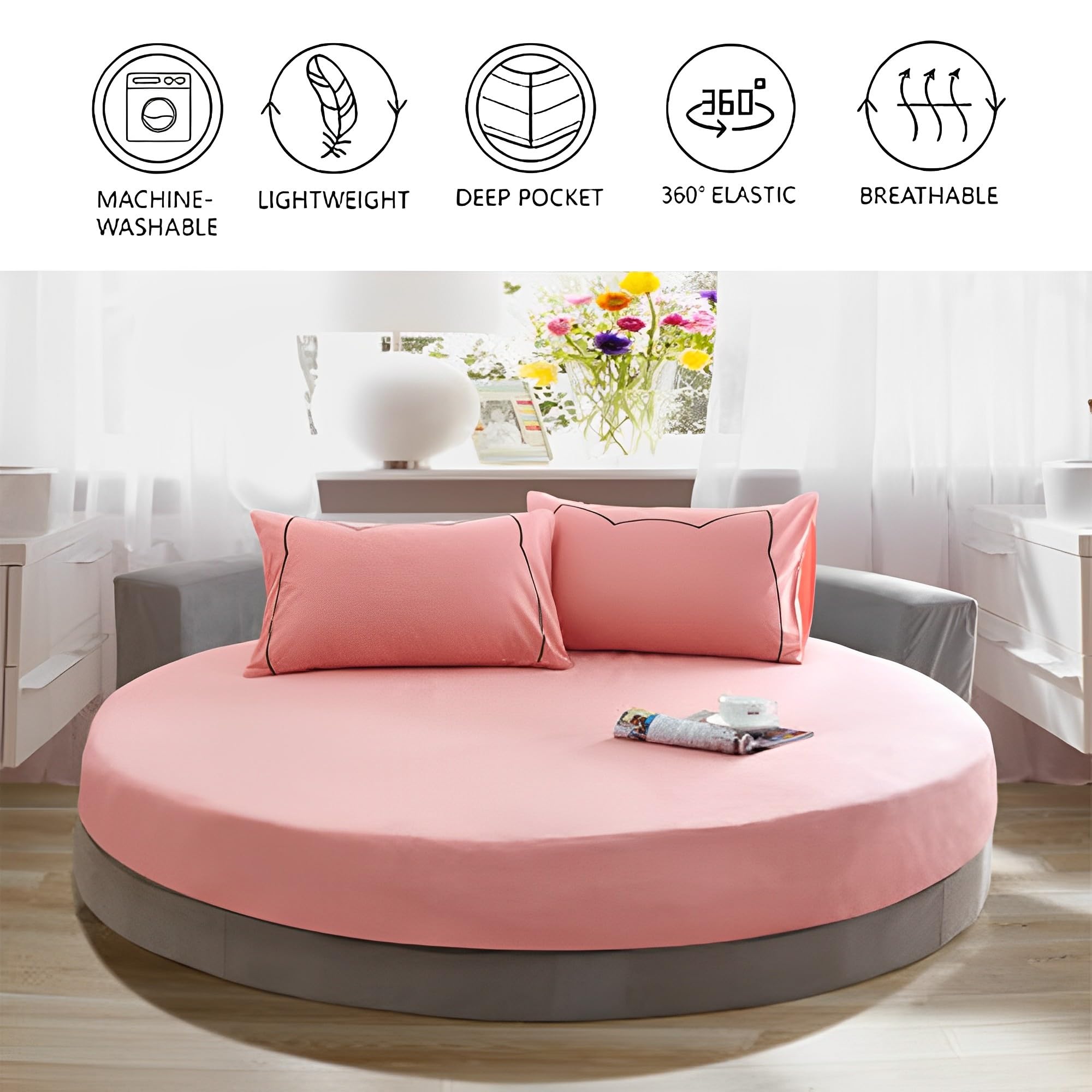 Highdi Rund Spannbettlaken Baumwolle Weiches Atmungsaktiver Mikrofaser Bettlaken, Matratzenschoner Tiefe Tasche für bis 25cm Matraze (250cm,Helles Rosa 1)