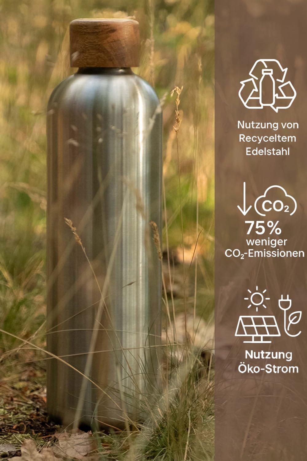 T&N Edelstahl Trinkflasche 1 Liter, Thermosflasche 1l mit Akazienholz Deckel, Isolierte Wasserflasche auslaufsicher bei Kohlensäure, Isolierflasche 1000ml - Silber