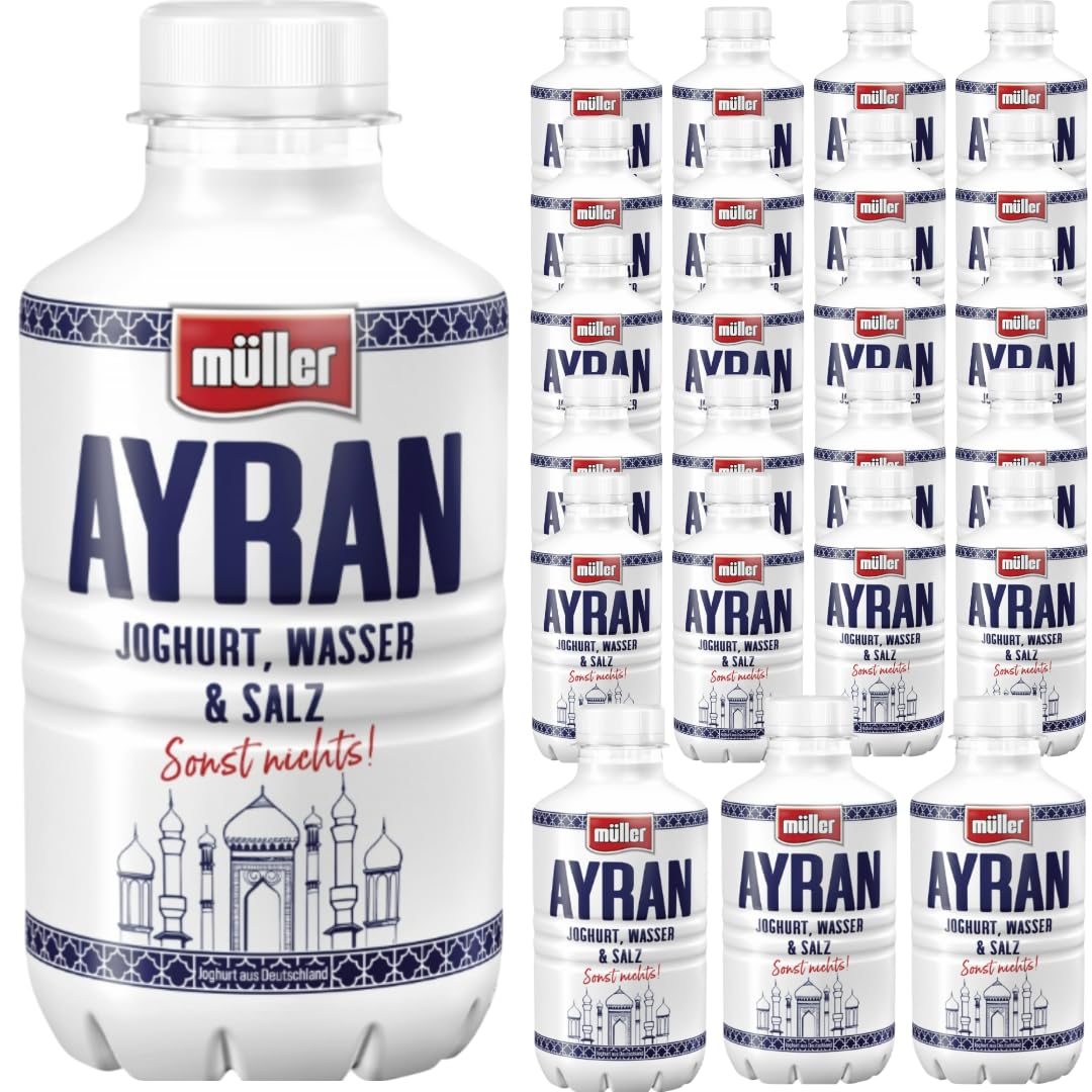 Ayran (Einweg) Joghurtgetränk Ayran Joghurt-Drink Nach Anatolischer Art, Sonderproduktionsgetränk Türkisches Erfrischungsgetränk aus Joghurt und Wasser 500 Mililiter, 24 Er (ink pfand)