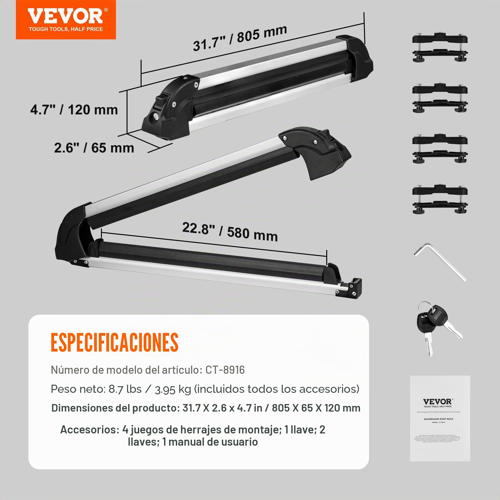 VEVOR Portaequipajes universal para coche, se adapta a la mayoría de barras transversales, lleva hasta 6 pares de esquís o 4 tablas de snowboard, soporte de aluminio para snowboard con bloqueo y