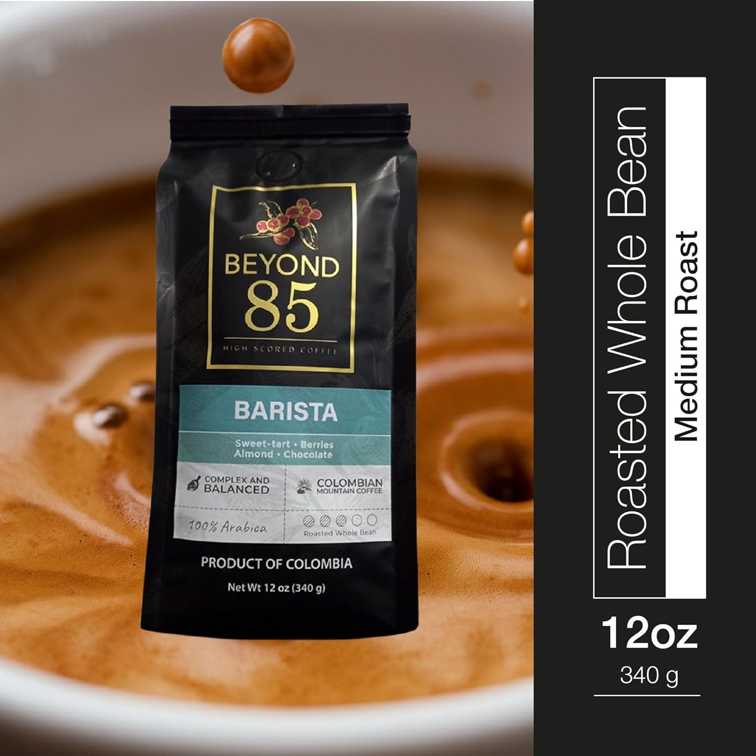 BEYOND 85 COFFEE, Barista, Premium Colombian Coffee, Medium Roast, Tart, Nutty & Chocolatey Notes, Whole Bean, 12 OZ