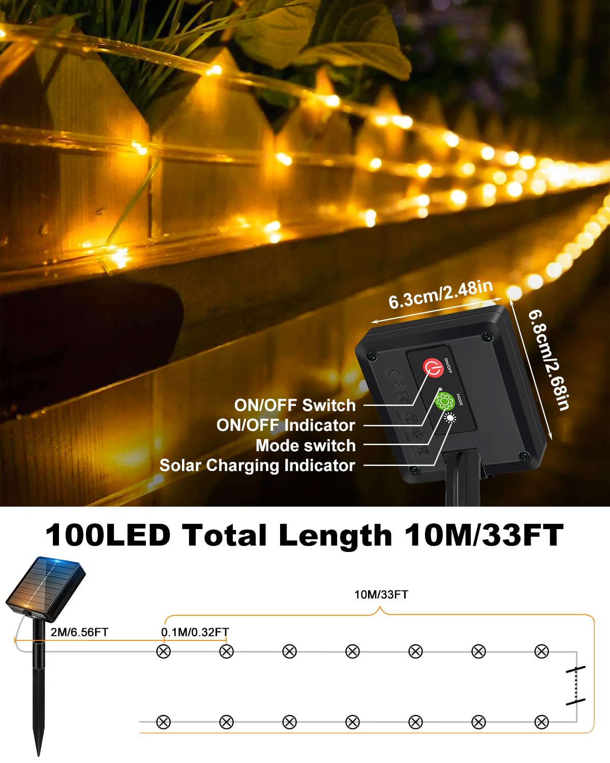 Btfarm Manguera de luces solares para exteriores, resistente a la intemperie, 10 m, 100 LED, tubo de luz solar para exteriores, IP65, resistente al agua, 8 modos, para jardín, terraza, valla, patio