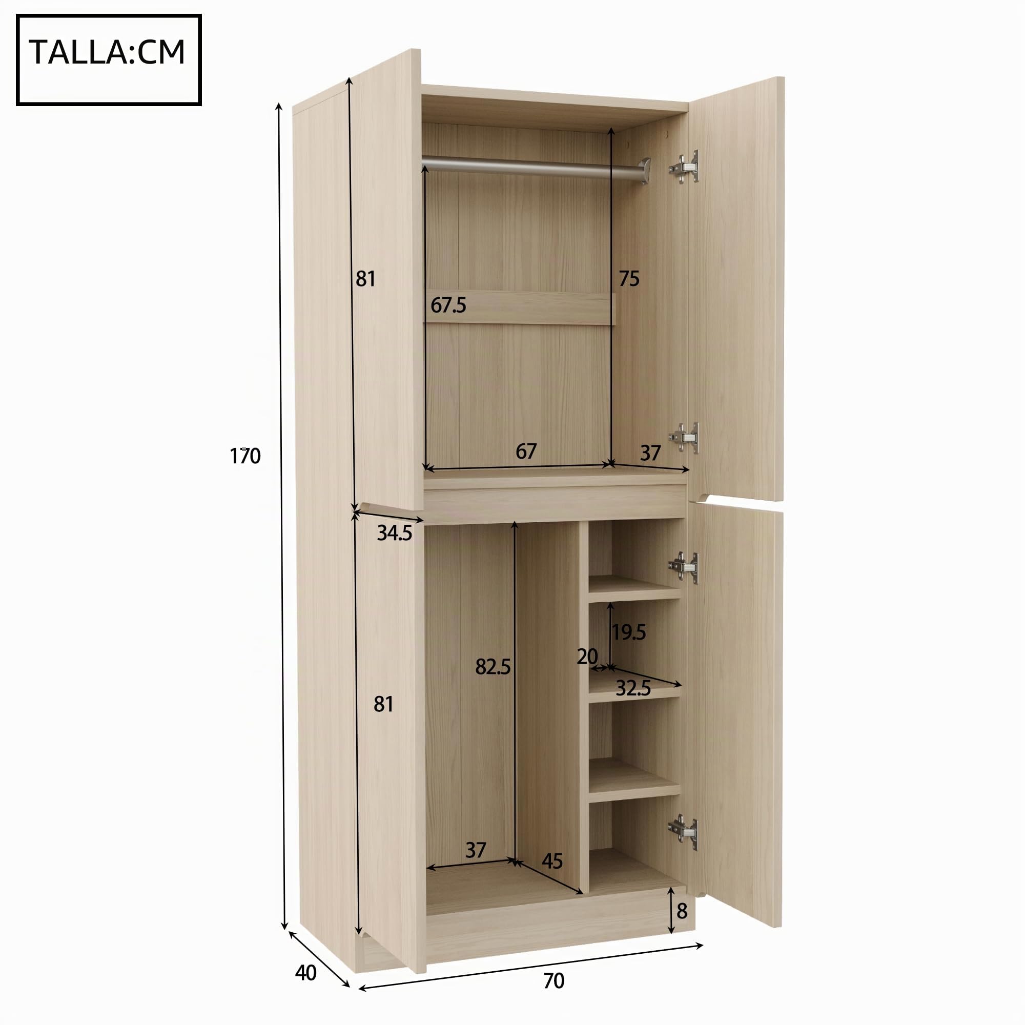Armario 70 × 40 × 170 cm con diseño de doble puerta, amplio espacio de almacenamiento para la familia, fácil instalación, construcción estable, armario de dormitorio (color madera A)