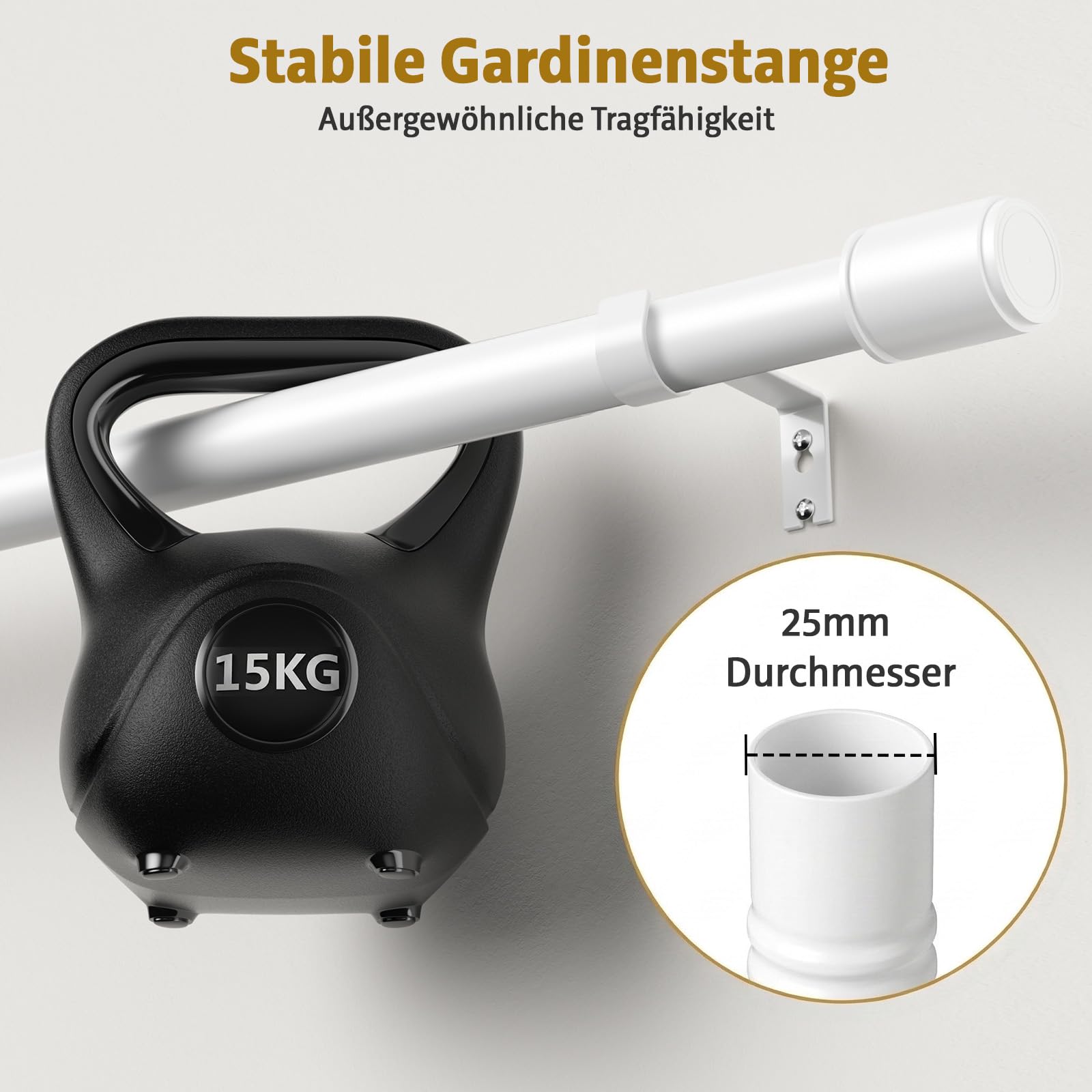 Tringle à rideaux extensible avec support - Blanc - 76-325 cm de diamètre - 25 mm de diamètre - Tringle à rideaux extra longue pour chambre à coucher, salon - Métal mat robuste