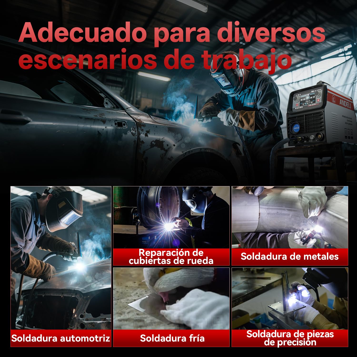 ANDELI 10 en 1 Soldador TIG de Aluminio AC/DC, Pedal de Pie, 205A, LCD, Ondas de Pulso/Cuadrada/Seno/Trapesoidal, Soldadura Fría/Punto, 230V, TIG-205 PRO